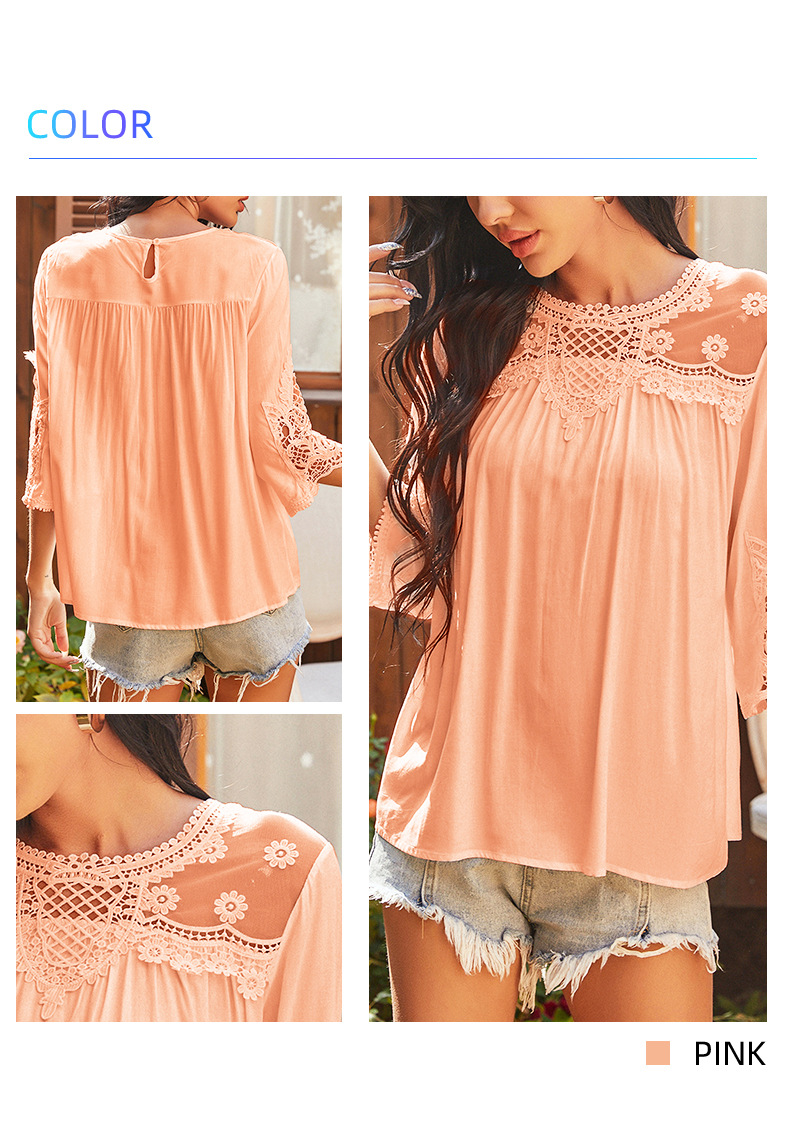 stitching mid-sleeve round neck solid color lace top NSNXG121087