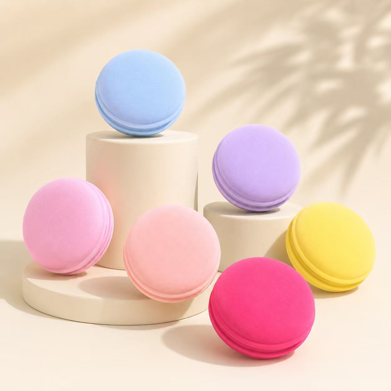 Fábrica personalizada macarón huevo de maquillaje hidrofílico no látex esponja de maquillaje PU no comer polvo, huevo de maquillaje seco y húmedo de doble uso