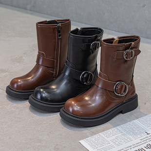 Melard Children's Boots Autumn and Winter Girls' Martin Boots with Belt Buckle Denim Boots Warm Boys' Riding Boots Small and Medium-Sized Children's Leather Boots