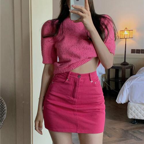 Pink Red Denim Skirt Women's Spring/Summer 2025 Letter Package Hip-Hugging Short Skirt High Waist Slimming Sweetheart Dress