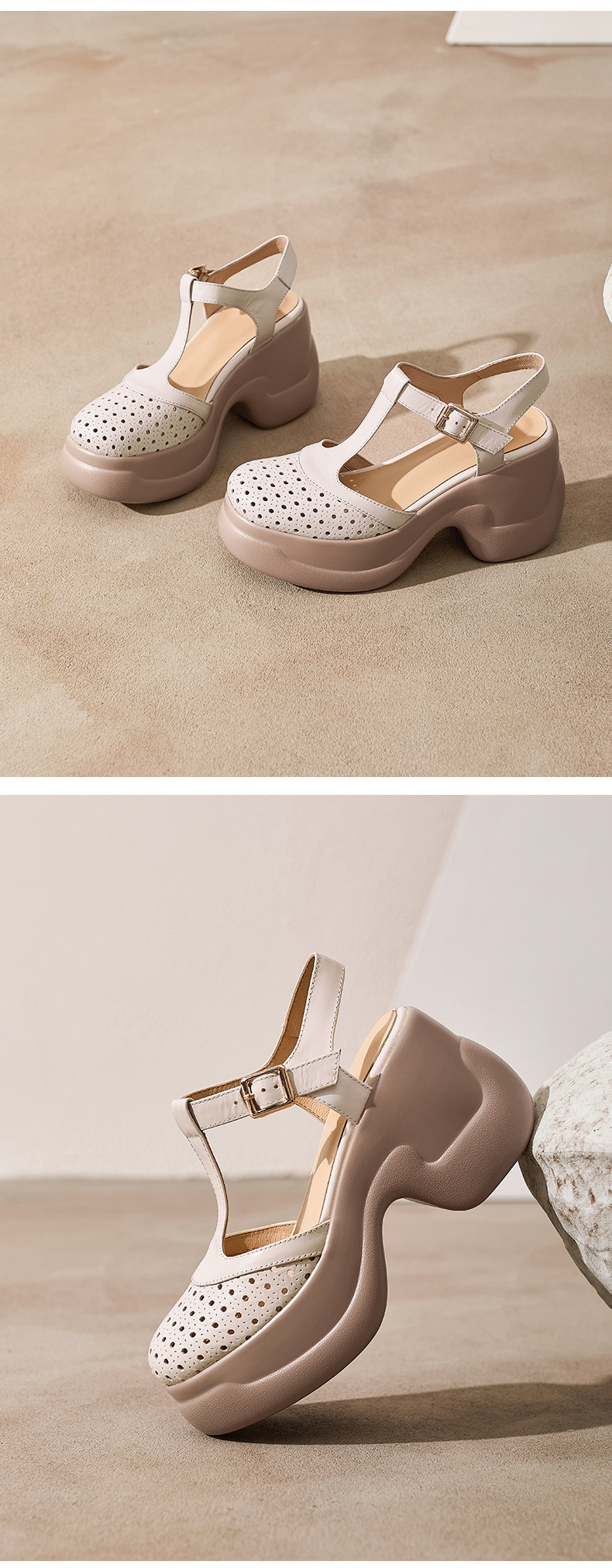 Sandal cao gót nữ quai ngang khóa T, đế dày 9.5 cm, gót thô — màu trắng ngà chi tiết 10