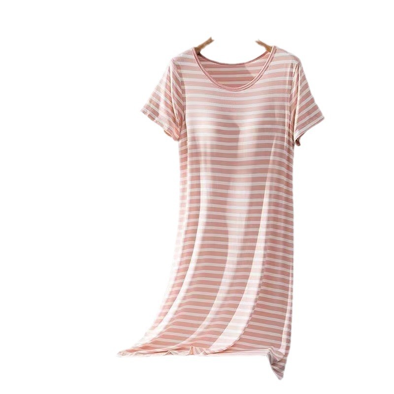 Pijamas de verano de mujeres rayas vestido de dormir con cojín de pecho de algodón lindo simple dulce vestido de casa de estudiantes de la falda media puede ser el cabello