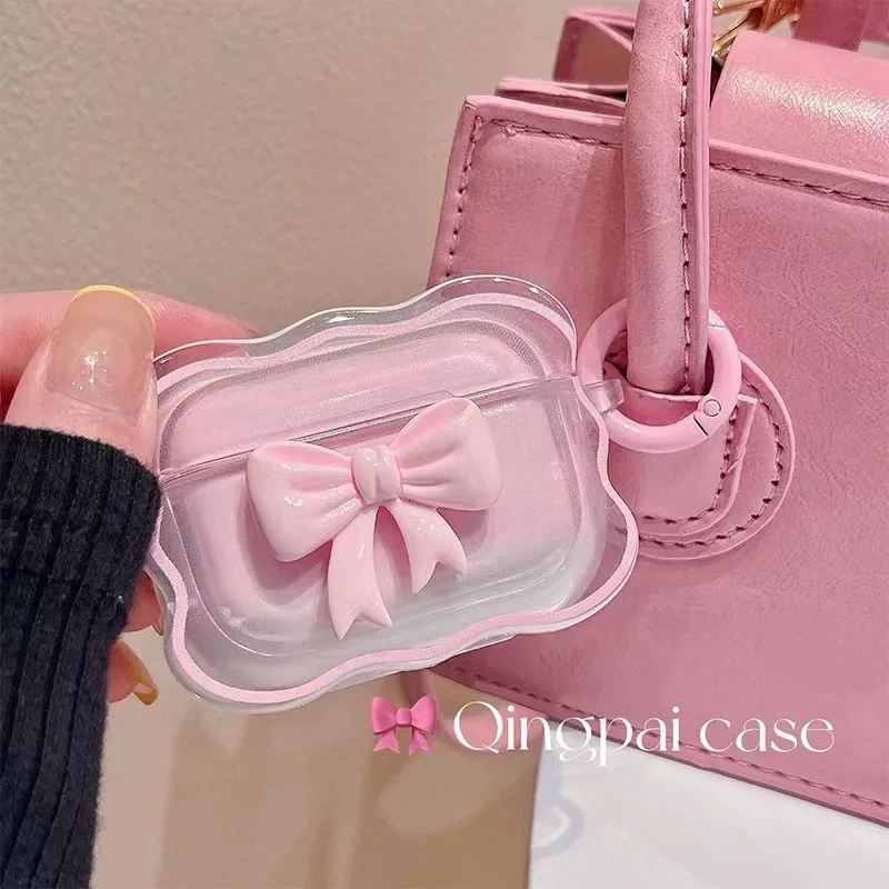 Защитный чехол (Apple) совместимый с AirPods 1–4 и AirPods Pro 2–3 — градиентная розовая лента с бантом, волнистый брелок
