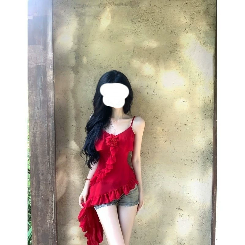 Женский костюм 2025, новинка лета, дизайн «горячая роза», топ на бретелях из тонкой сетки, утягивающий талию, джинсовые шорты
