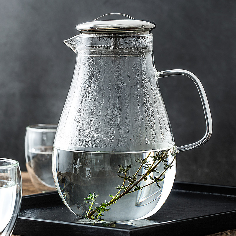 Olla de gota de agua de vidrio con alto contenido de borosilicato de gran capacidad, olla de bebida fría de jugo de vidrio transparente para el hogar, botella de agua fría con tapa de acero inoxidable