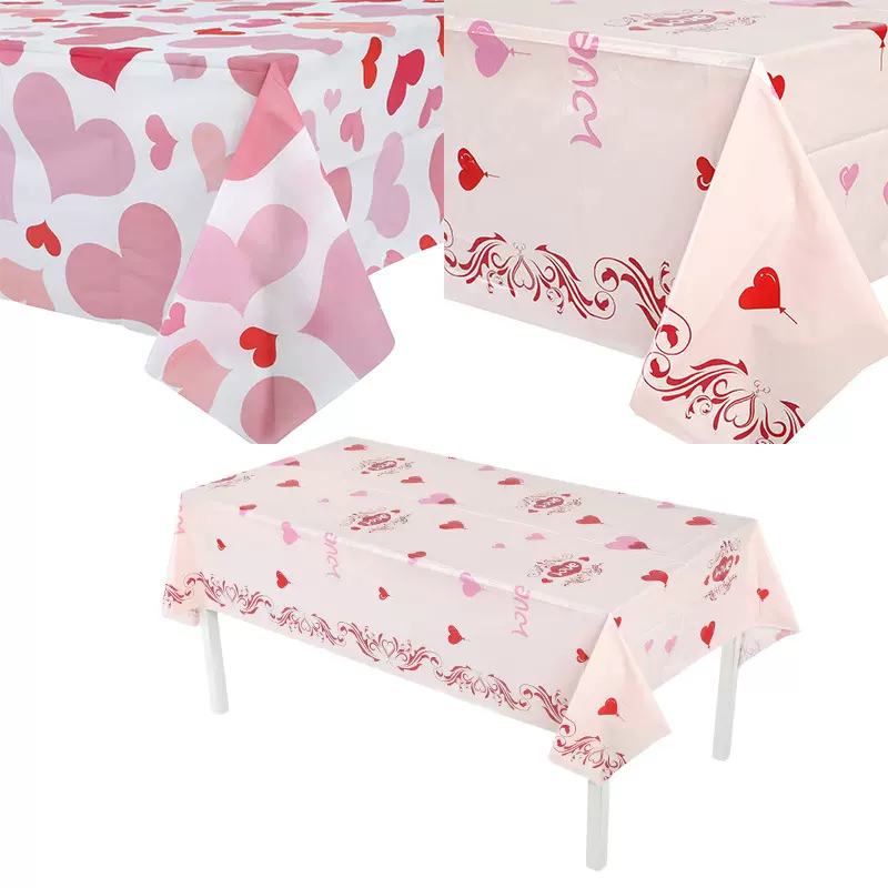 新款情人节爱心桌布浪漫婚礼纪念日派对桌布PEVA情人节装饰桌布