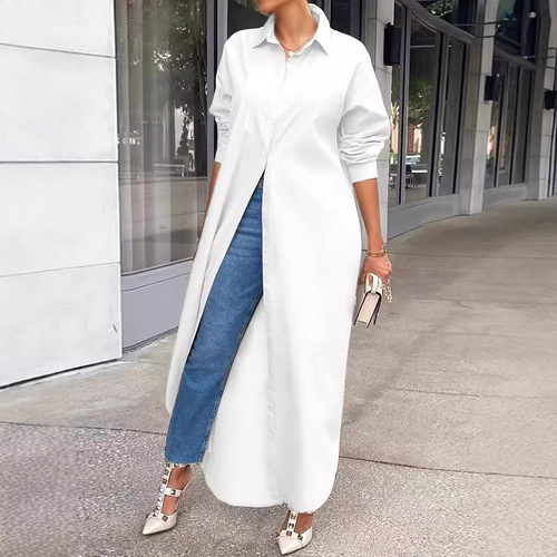 Plus-size women's fashion casual solid-color tunic for autumn/winter—loose fit, long sleeves, extra-large size