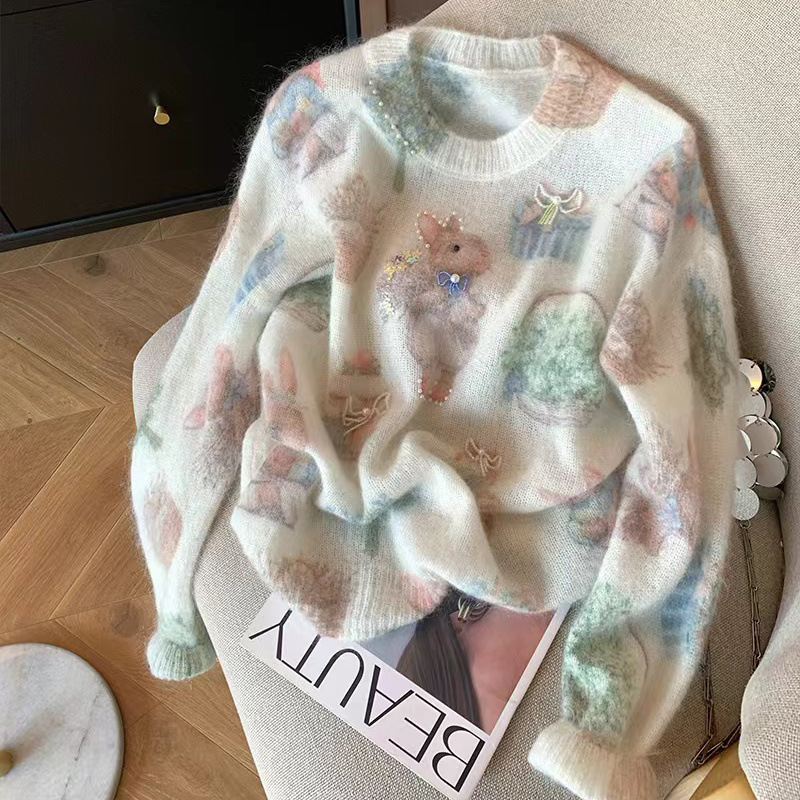 봄과 가을 새로운 얇은 구슬 프린트 니트웨어 가을 스웨터 게으른 느슨한 부드러운 둥근 목 긴 소매 탑