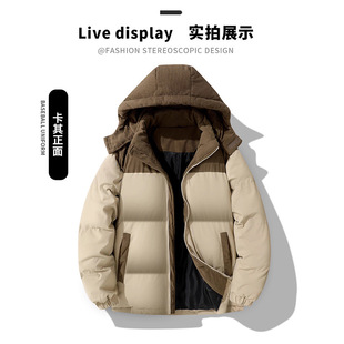 Cross-Border Fashion Color-Blocked Corduroy Stand-Up Collar Hooded Puffer Jacket for Couples, Autumn and Winter Cotton Coat, Trendy Korean Style