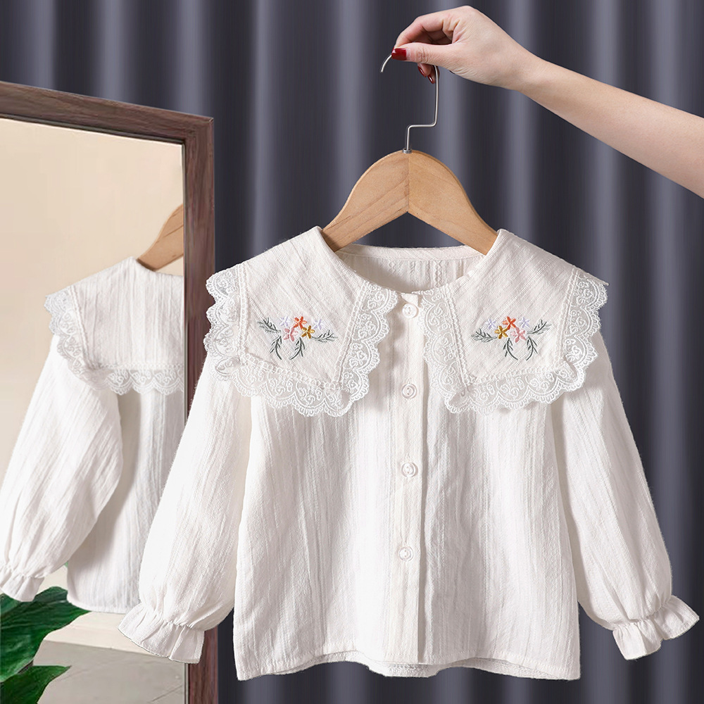 Camisa blanca de las niñas solapa de los niños 2024 nueva camisa bordada de otoño estilo coreano camisa de manga larga estilo occidental de las niñas