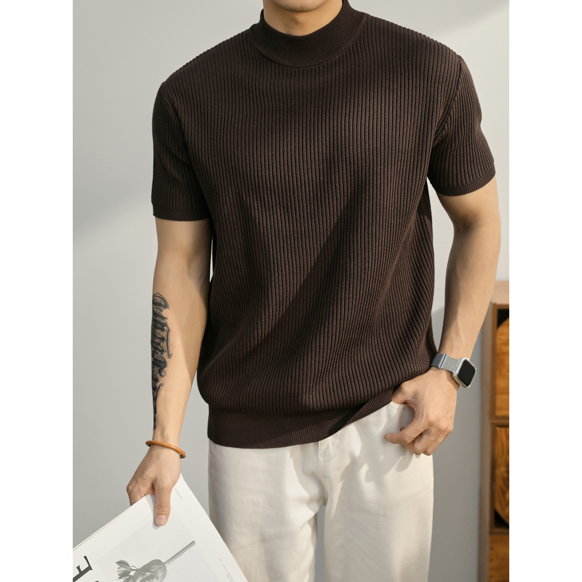 Camisas de punto de estilo antiguo camiseta de manga corta hombre impresa jacquard cuello redondo de negocios de hielo de verano fábrica transfronteriza al por mayor