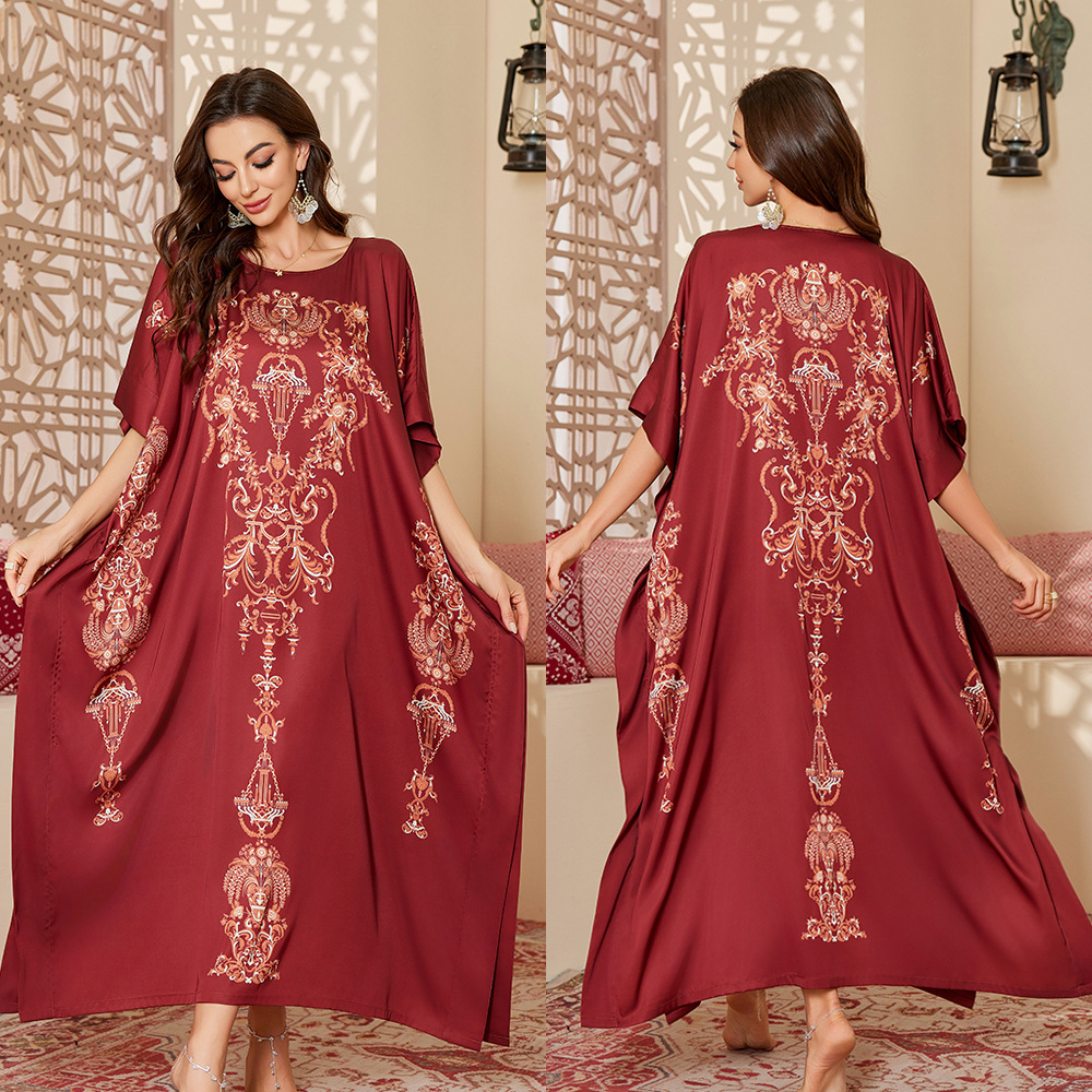 Nuevo pijama de satén de tamaño grande para mujeres de verano medio-oriental suelta gorda camiseta impresa suelta túnica DP3428