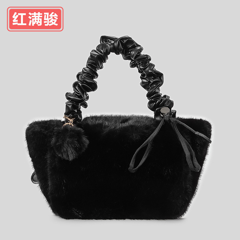 洋气时尚简约毛毛包软乎乎云朵斜挎包猪大肠褶皱肩带毛绒手提包女|undefined