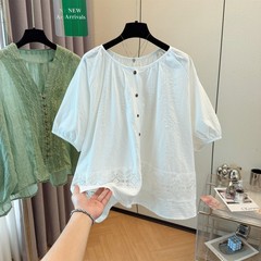 T5C法式花边镂空棉麻短袖衬衫夏季大码胖mm显瘦娃娃衫绝美上