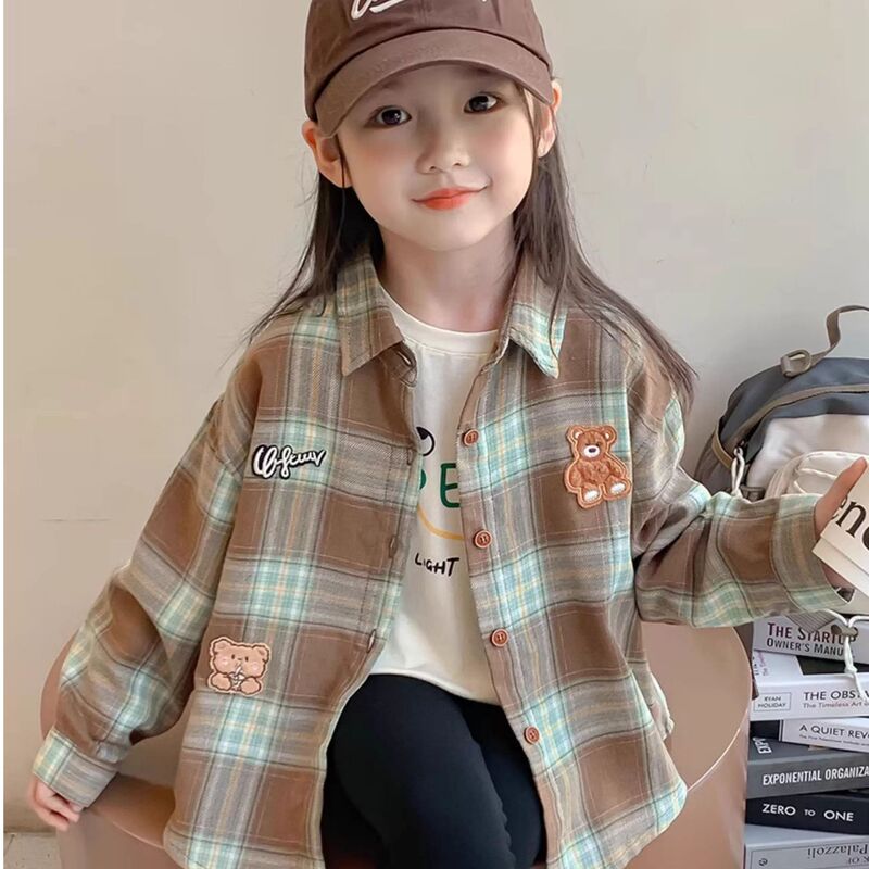 女童春秋卡通衬衣上衣中大童春秋新款拼色单排扣格子衬衫春装外套|undefined