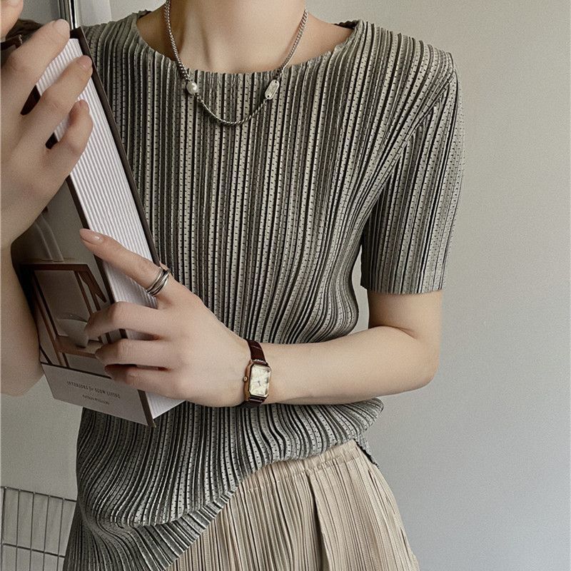 Sanzhai pleated short sleeve women's 2023 Summer new thin elastic round neck versatile slim pleated Hollow T-shirt Sanzhai pleated short sleeve women's 2023 Summer new thin elastic round neck versatile slim pleated Hollow T-shirt