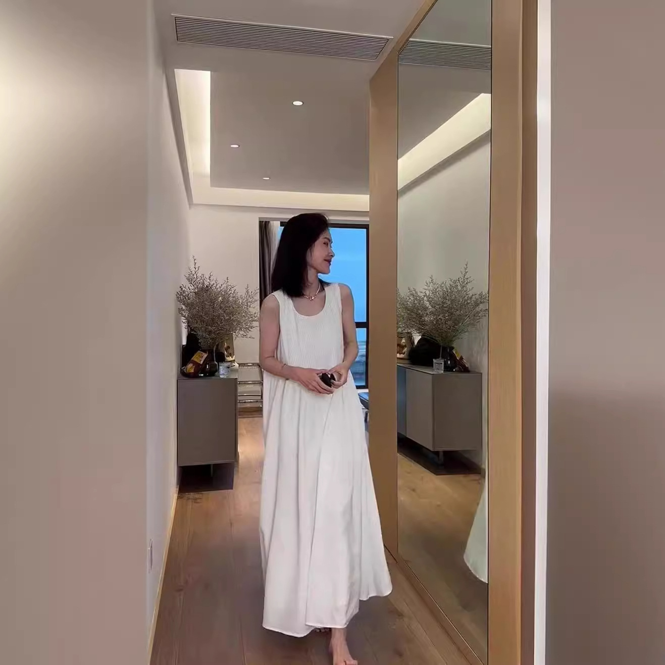 Váy liền không tay dài phong cách Hepburn Pháp, dáng suông thắt eo, phù hợp nữ mùa hè — Màu đen, Màu trắng