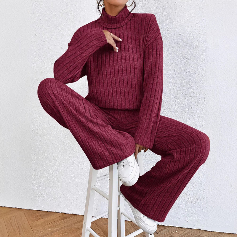 European and American Autumn and Winter New Fashion Women's High-Neck Simple Casual Long-Sleeve Sweatshirt and Straight-Leg Pants Set for Women