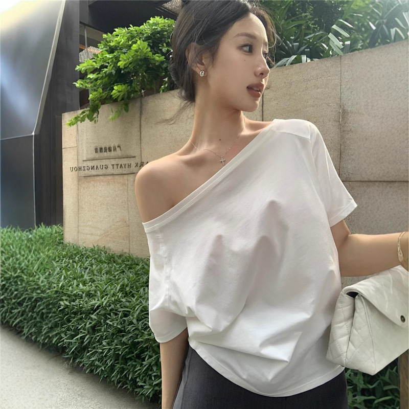 Shoulder Loose Spice Girl Short-sleeved T-shirt Women's 2025 Summer New Casual Irregular Solid Color All-match Student Top