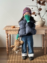 女童冬碎花蕾丝贴标羽绒棉棉马甲坎肩+翻边奥利绒加厚牛仔裤单拍