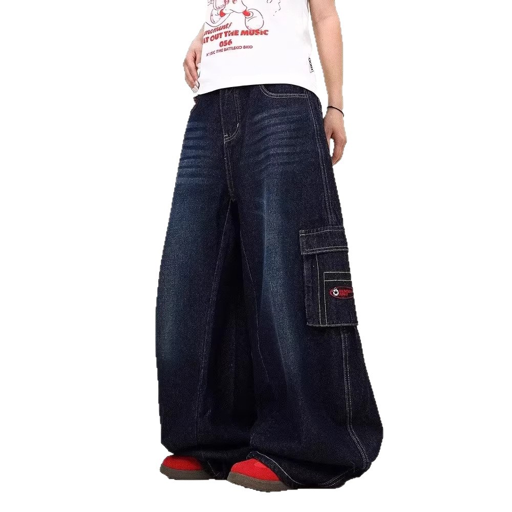 Men's Clothing Unisex Loose Fit Wide Leg Cargo Jeans Cross Border American Retro Whiskered Washed Curved Large Pockets Casual Trousers_mkmklike.com