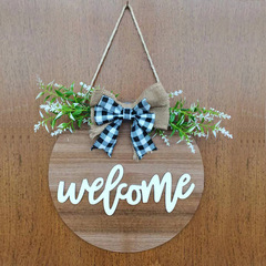 New wooden home decoration Welcome sign Welcome sign round wooden house sign with light bow grass