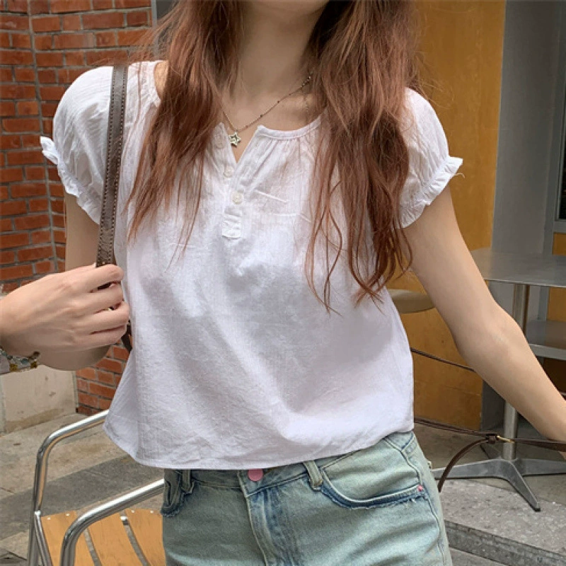 Уникальная и отличительная нишевая рубашка с пышными рукавами и рюшами для женщин, новый летний модный топ с короткими рукавами.