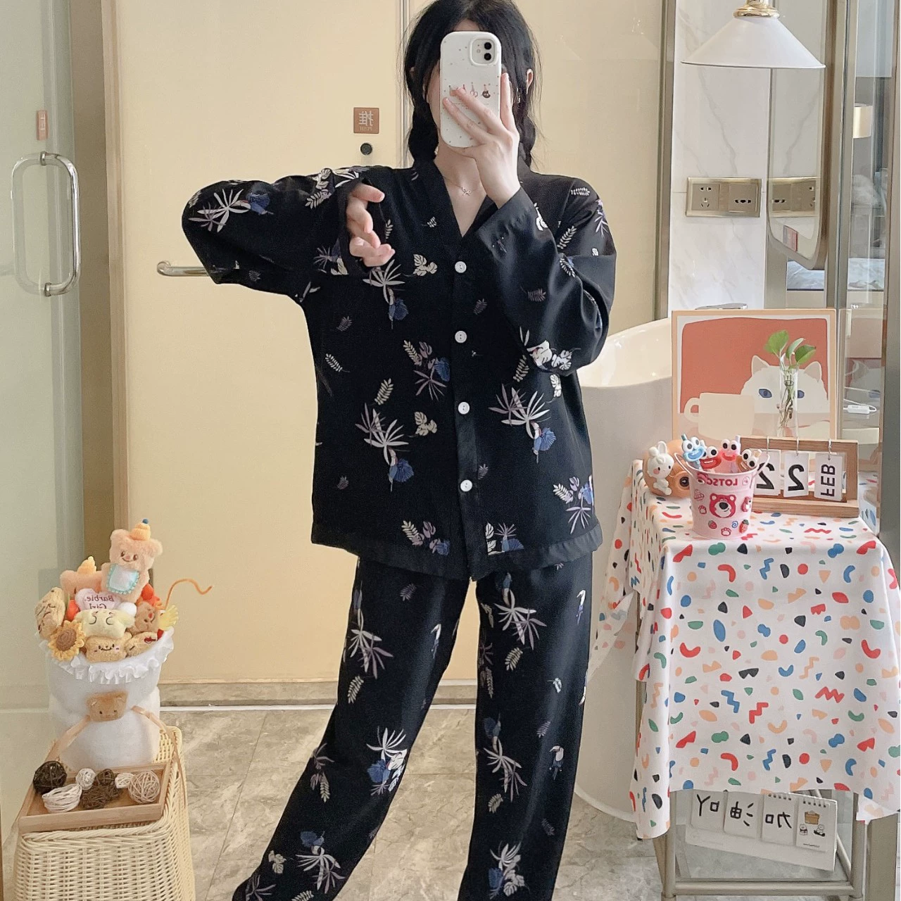 Весенние и осенние пижамы для женщин в корейском стиле, хлопковый кардиган с v-образным вырезом и длинными рукавами, брюки, пижама из двух предметов, домашняя одежда, которую можно носить на улице