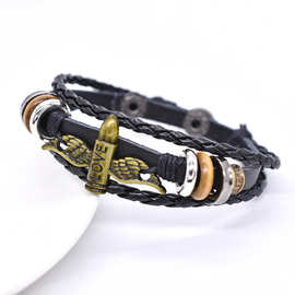 Temu热卖跨境复古锌合金武器子弹头皮革手链翅膀爱心字母LOVE手链