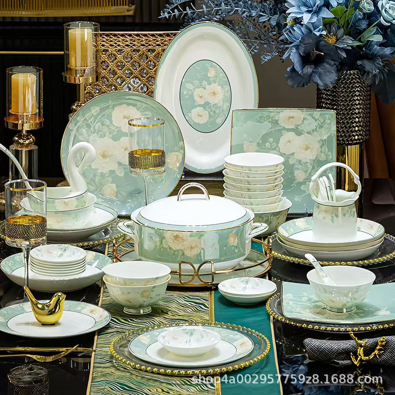 景德镇高温陶瓷餐具清新碗碟套装家用乔迁送礼瓷碗盘批发定制骨瓷