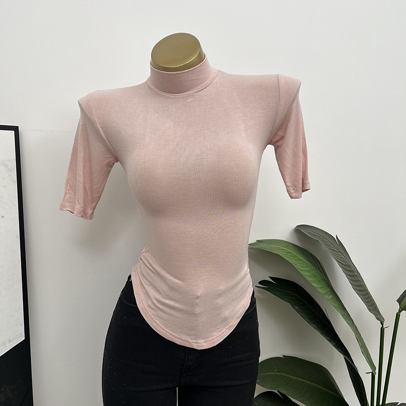 Can't refuse! Comfortable Soft Fabric Half-high Collar Curved Short-sleeved T-shirt Vertical Collar Thin Base Shirt Top for Summer