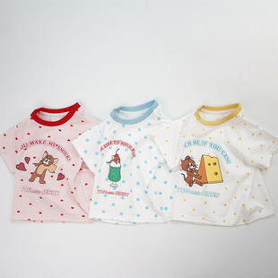 Japanese Style Girls' T-shirt Summer 2025 Polka Dot Cartoon T-shirt Men's Treasure Top Summer Thin Round Neck Children's Half Sleeve