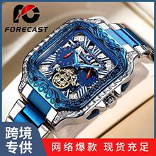 跨境爆款复古方形雕刻多功能六针男士手表罗马刻度非机械防水手表