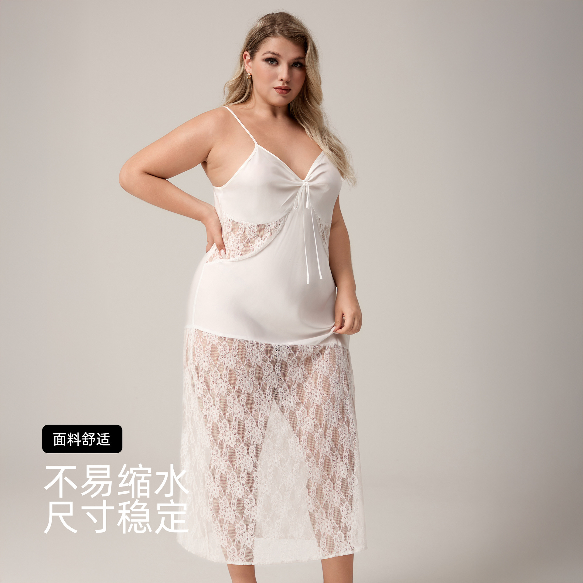 Yaoting nuevo pijama de seda de hielo de tamaño grande europeo y americano, encaje de empalme, vestido de pijama de mujer largo sexy SQ7004