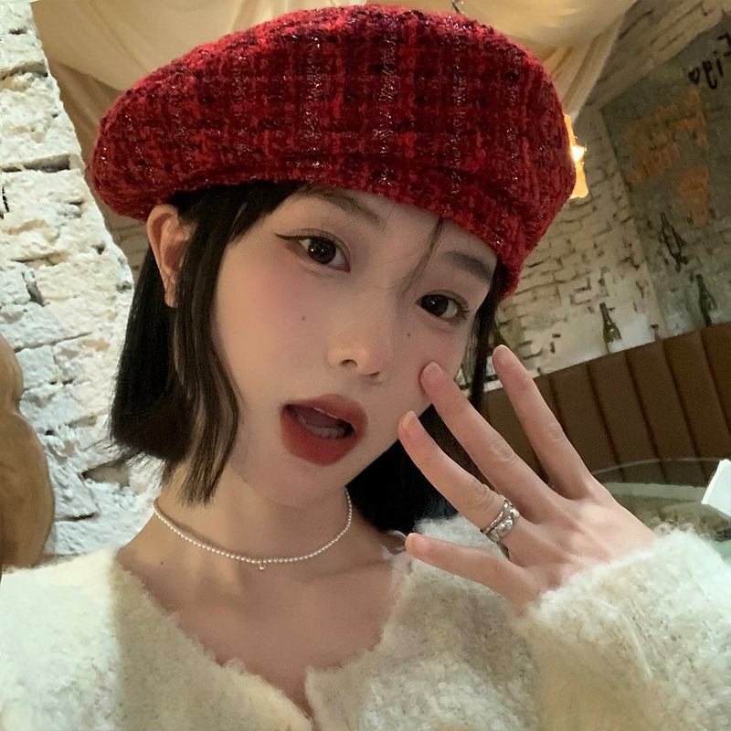 红色贝雷帽女秋冬韩版复古显脸小新年蓓蕾画家帽小香风粗花呢帽子|undefined