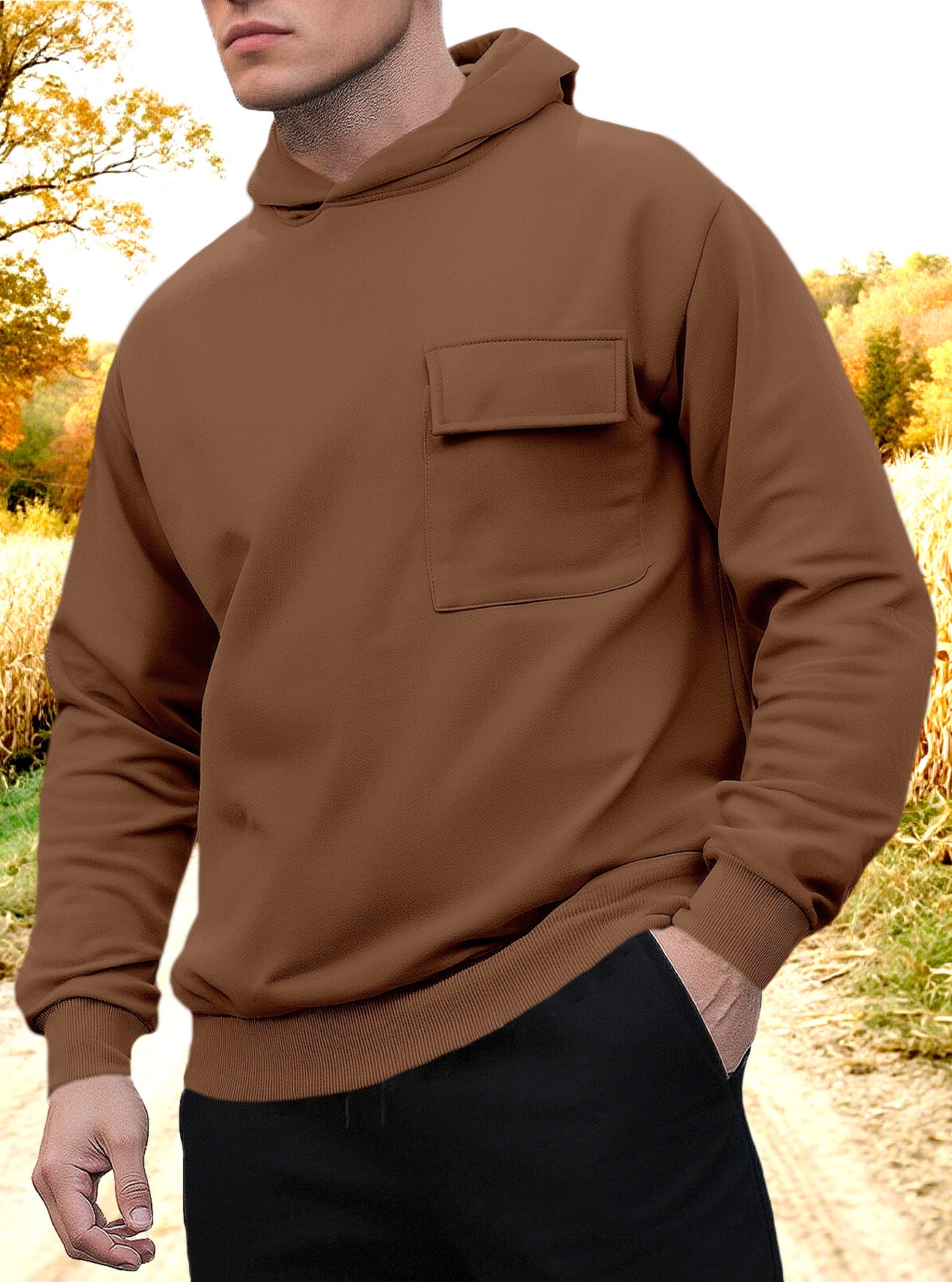 Sweat à capuche homme uni décontracté pour automne et hiver_voghion.com