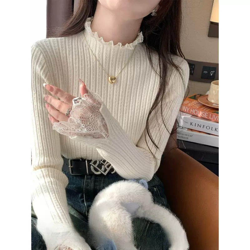 小香风内搭打底衫女秋冬2025新款木耳边针织衫半高领毛衣蕾丝上衣