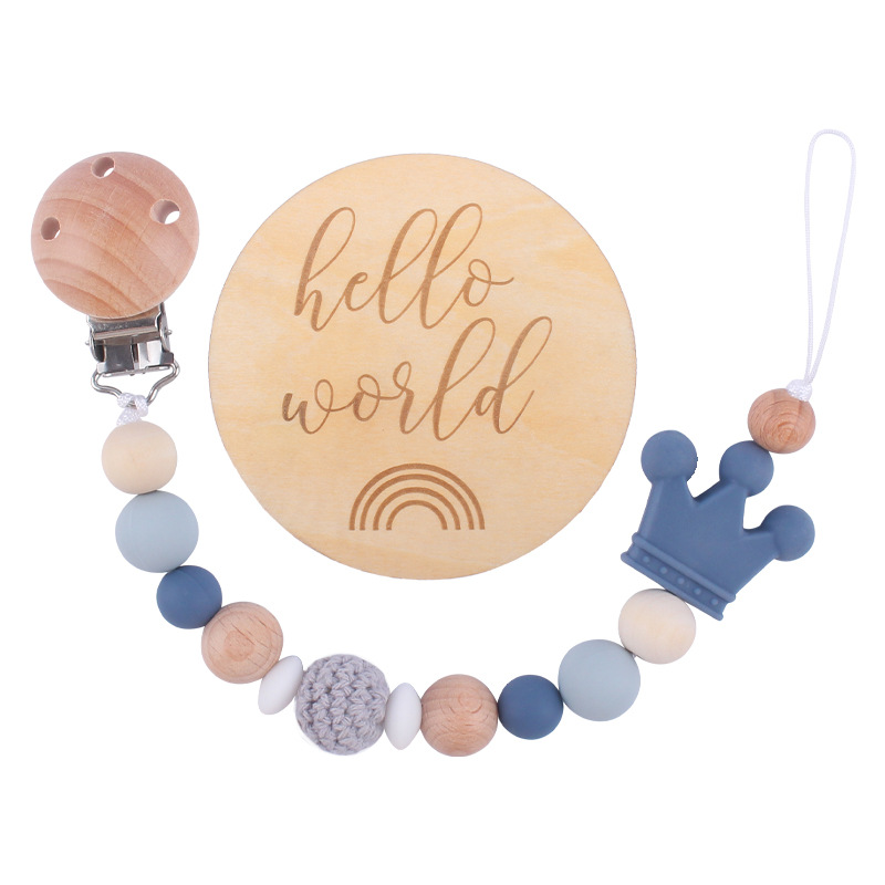 Nuevo bebé haya chupete clip de madera patrón hito tarjeta chupete cadena conjunto de dos piezas