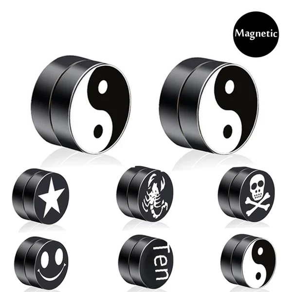 Wholesale Magnet Earrings Stud Iron Stud Men's Titanium Steel Cross Taiji Gossip Pattern Ear Clip False Earrings