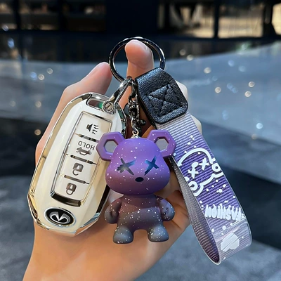 case qx50l/qx70/q70l/qx60/fx35 car – Car key bag - infiniti-f-smart-4-key-horn-key-single-shell-white-purple-violent-bear-pendant