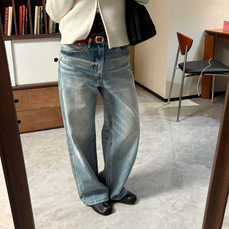 Niche Alright 2261m Mid-Waist Whiskered Washed Silhouette Distressed Jeans for Women, Vintage Light Blue Loose Long Pants