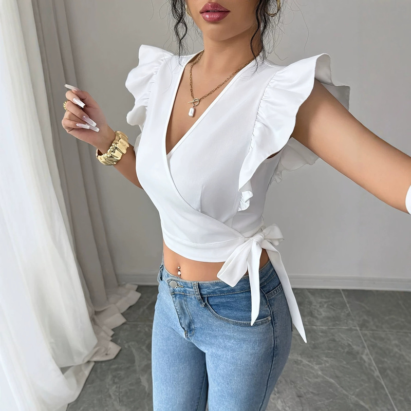 2026 New European and American Cross-Border Women's White Lace-Up Ruffle-Decorated Short-Sleeved Casual Shirt in Cute Style 2026 New European and American Cross-Border Women's White Lace-Up Ruffle-Decorated Short-Sleeved Casual Shirt in Cute Style