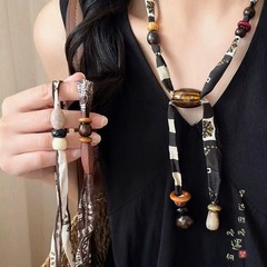 文艺复古印花丝巾布艺项链轻奢高级感串珠可调节颈链日常百搭项饰