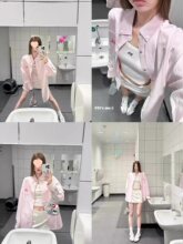 美式复古粉色条纹Polo领衬衫外套女春秋宽松休闲长袖衬衣外搭上衣