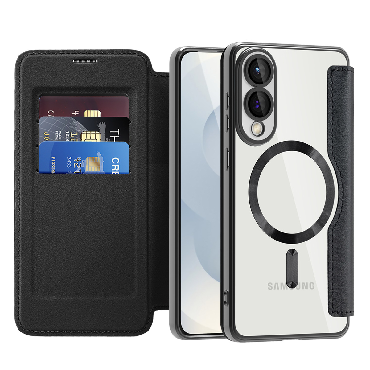 Adecuado para Samsung S25Edge Golden Shield Magnetic Business Cube Funda de cuero S24FE Tarjeta de enchufe Película de lente Flip Funda para teléfono a prueba de caídas