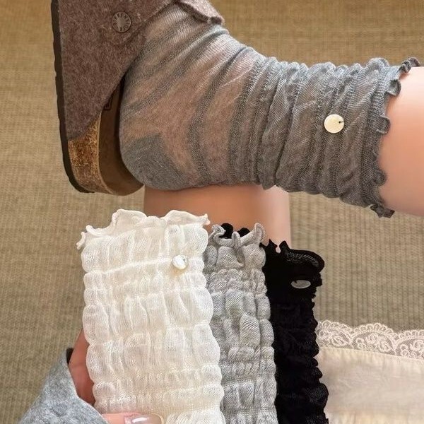 Spring and Summer Thin Buttoned Bubble Pleated Breathable Ballet-Style Sweet Solid Color Versatile Slouch Socks for Girls Lolita Socks