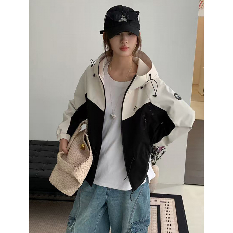 撞色收腰冲锋衣外套女2025秋装新款韩版宽松显瘦连帽工装夹克上衣|undefined