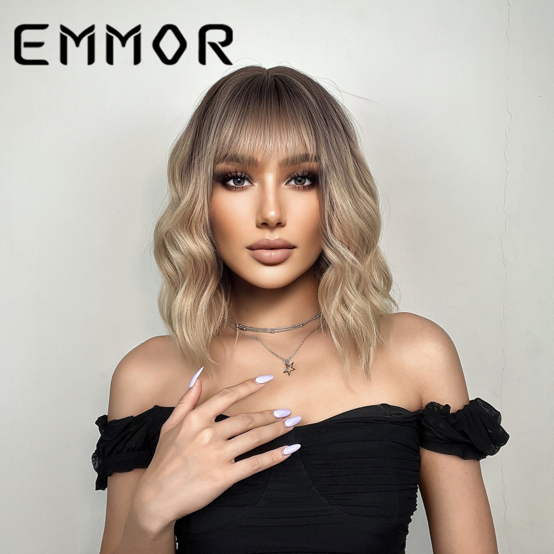 EMMOR Europa y América Amazon nuevo estilo flequillo gradiente Bobo cabeza Pelo Rizado fibra química de alta temperatura Peluca de seda cubierta de la cabeza