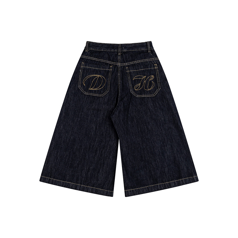 Unisex Vintage American Style Denim Capri Pants With Multi-Pockets, Relaxed Fit Straight Leg Wide Cuff For Summer_viptrois.com