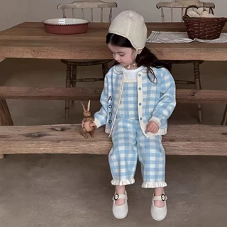 女童针织三件套秋季韩版洋气格子开衫新款套装儿童春秋毛衣喇叭裤
